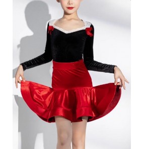 Girls red with black velvet lace ballroom latin dance dresses for kids children modern salsa rumba chacha dance costumes